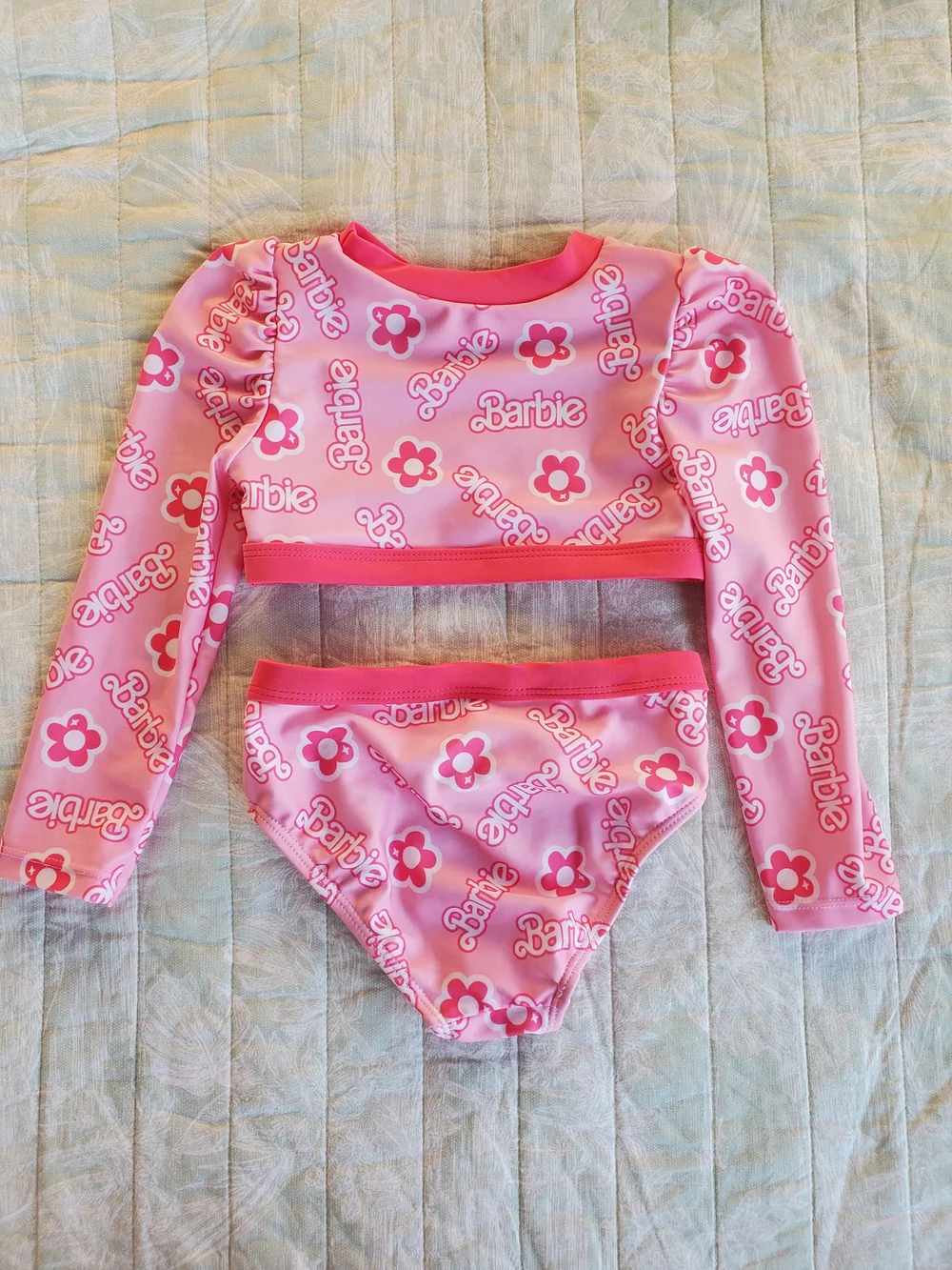 Kids Pink Barbie Logo Floral Long-Sleeve Swim Set